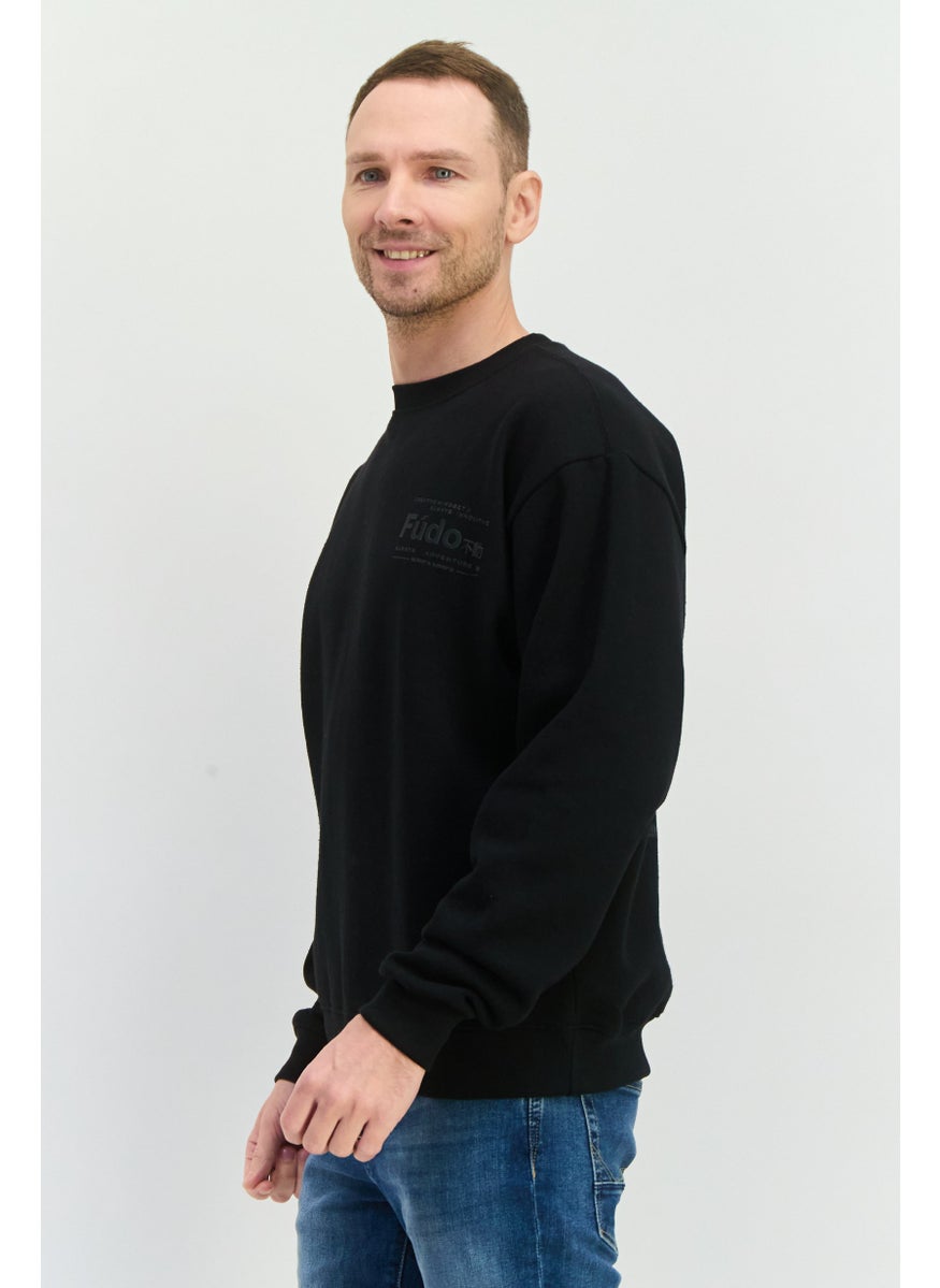 Fudo - Men Crew Neck Long Sleeves Brand Logo Sweatshirt, Black - Image 1