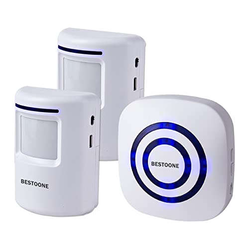 BESTOONE Motion Sensor Alarm, Long Range Wireless Driveway Alarm, Indoor Home Security System Electric Doorbells, 2 Motion Detector and 1 Alarm, 38 Chime Tunes, LED Indicator - Image 1