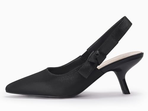 Coutgo Womens Slingback Kitten Heels Closed Pointed Toe Bowknot Knitted Slip On Work Pumps Dress Shoes, Black Satin, Size 6 - Image 4