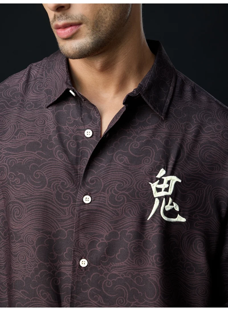 The Souled Store  The Souled Store: The Last Shogun Men and Boys Short Sleeve Spread Collar Dark Brown Graphic Printed Rayon Oversized Shirt  | Best Price UAE