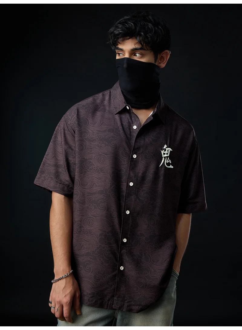 The Souled Store  The Souled Store: The Last Shogun Men and Boys Short Sleeve Spread Collar Dark Brown Graphic Printed Rayon Oversized Shirt  | Best Price UAE