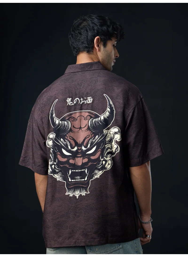The Souled Store: The Last Shogun Men and Boys Short Sleeve Spread Collar Dark Brown Graphic Printed Rayon Oversized Shirt