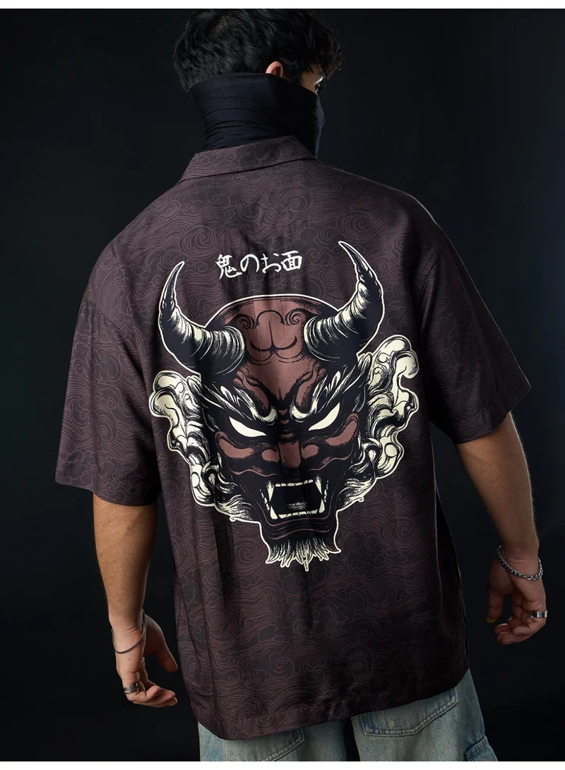 The Souled Store  The Souled Store: The Last Shogun Men and Boys Short Sleeve Spread Collar Dark Brown Graphic Printed Rayon Oversized Shirt  | Best Price UAE