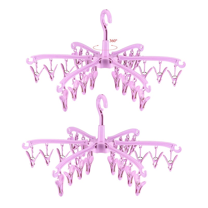 BONYCUST Foldable Drying Rack with 24 Clips for Drying Socks Lingerie Baby Clothes Drying Towels Rotatable Sock Drying Rack 2 PCS (Pink)