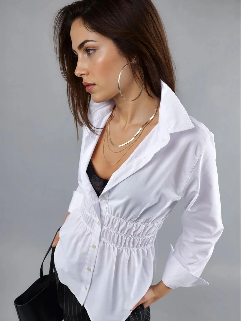 Busem BUSEM Long Sleeve Button-Up Poplin Shirt with Gathering Detail