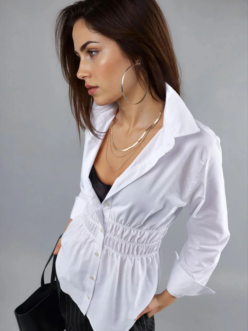 Busem BUSEM Long Sleeve Button-Up Poplin Shirt with Gathering Detail
