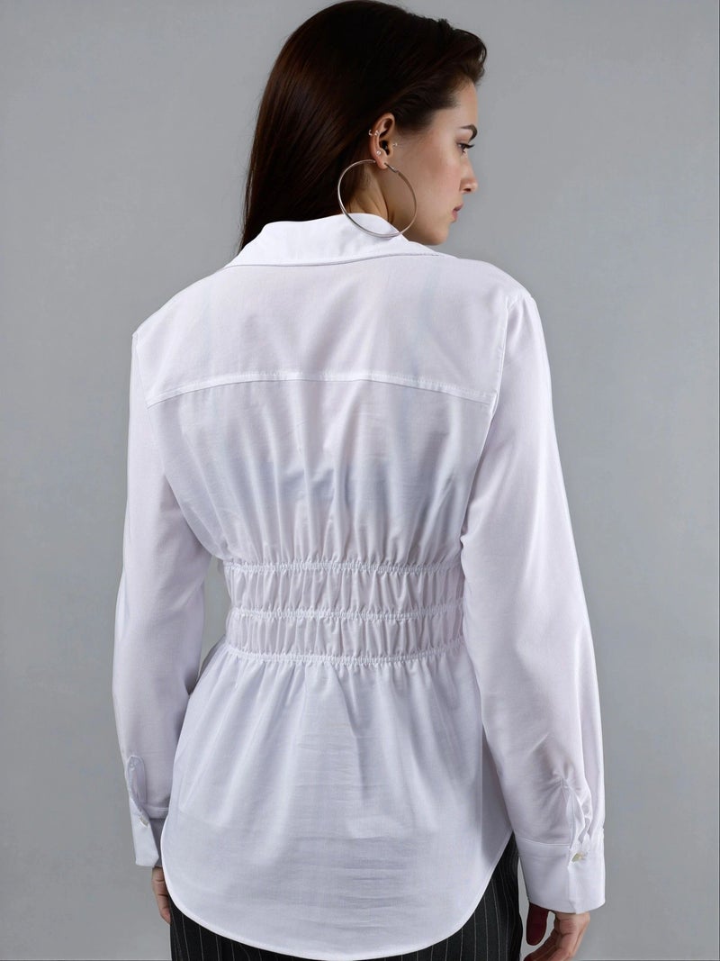 BUSEM Long Sleeve Button-Up Poplin Shirt with Gathering Detail - Image 3