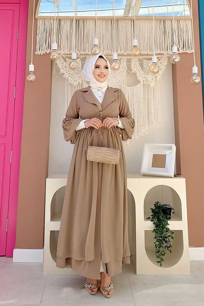 Bym Fashion Bym Belt Accessories Chiffon Detailed Abaya and Underwear Set 8391 Mink - Image 1