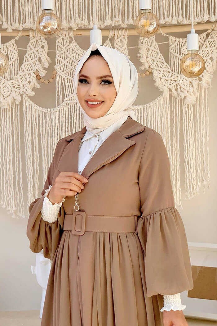 Bym Fashion Bym Belt Accessories Chiffon Detailed Abaya and Underwear Set 8391 Mink - Image 4