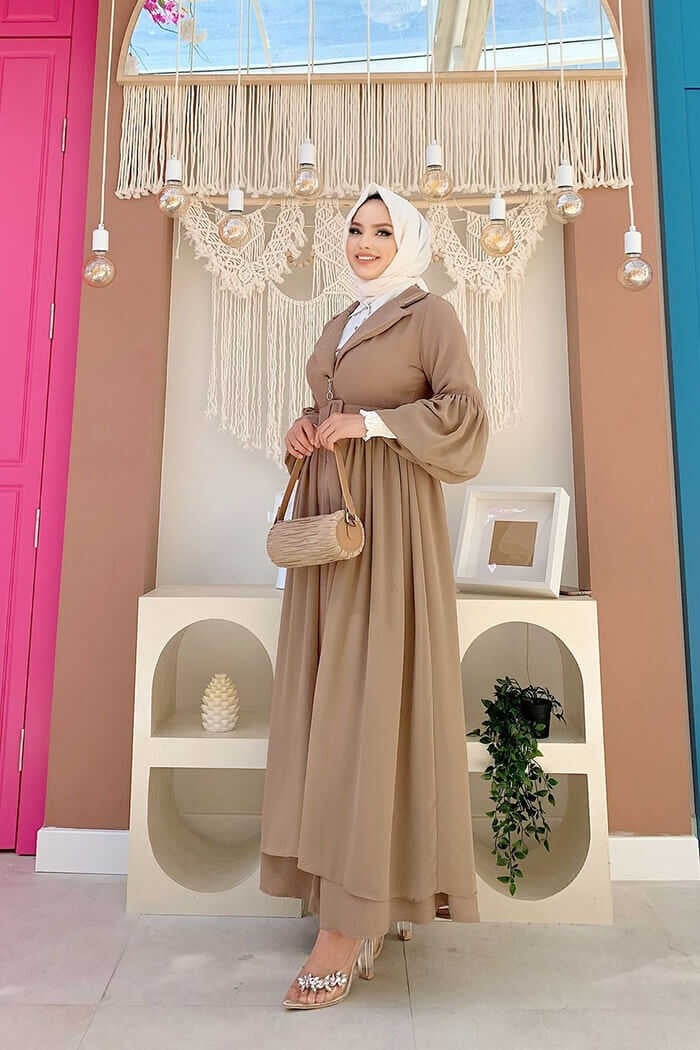 Bym Fashion Bym Belt Accessories Chiffon Detailed Abaya and Underwear Set 8391 Mink - Image 3