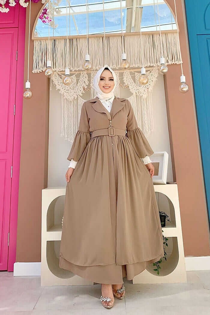 Bym Fashion Bym Belt Accessories Chiffon Detailed Abaya and Underwear Set 8391 Mink - Image 2