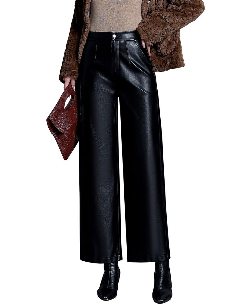 HaoMay Women's Faux Leather Pants Straight Wide Leg PU Trousers with Pockets(Black-L) - Image 1