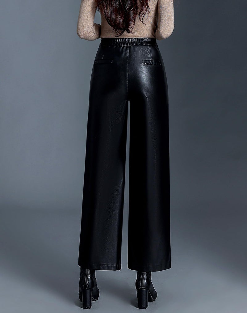 HaoMay Women's Faux Leather Pants Straight Wide Leg PU Trousers with Pockets(Black-L) - Image 2
