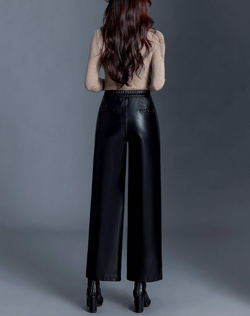 HaoMay Women's Faux Leather Pants Straight Wide Leg PU Trousers with Pockets(Black-L) - Image 3