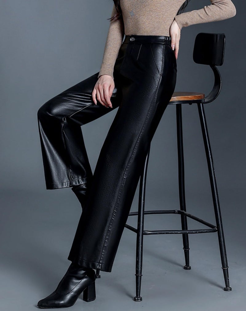 HaoMay Women's Faux Leather Pants Straight Wide Leg PU Trousers with Pockets(Black-L) - Image 4