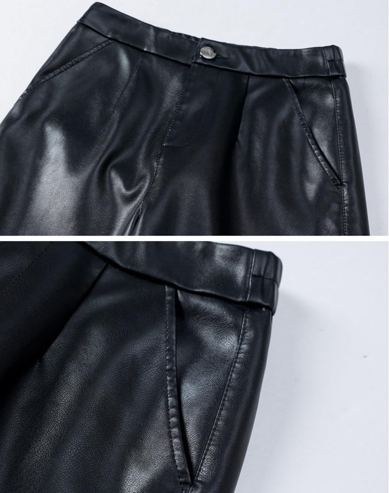 HaoMay Women's Faux Leather Pants Straight Wide Leg PU Trousers with Pockets(Black-L) - Image 5