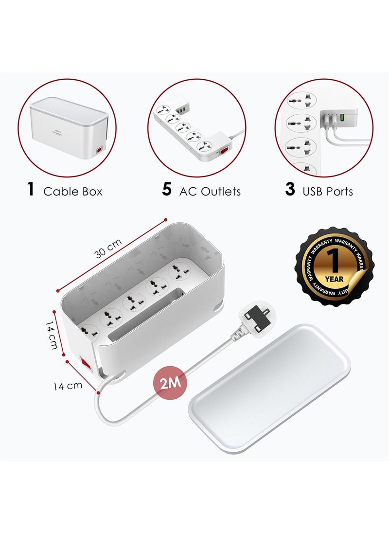 PEGANT - 2 in 1 Power Extension Box with 3 USB and 5 Universal Outlets, 2M cable and white box - Image 1