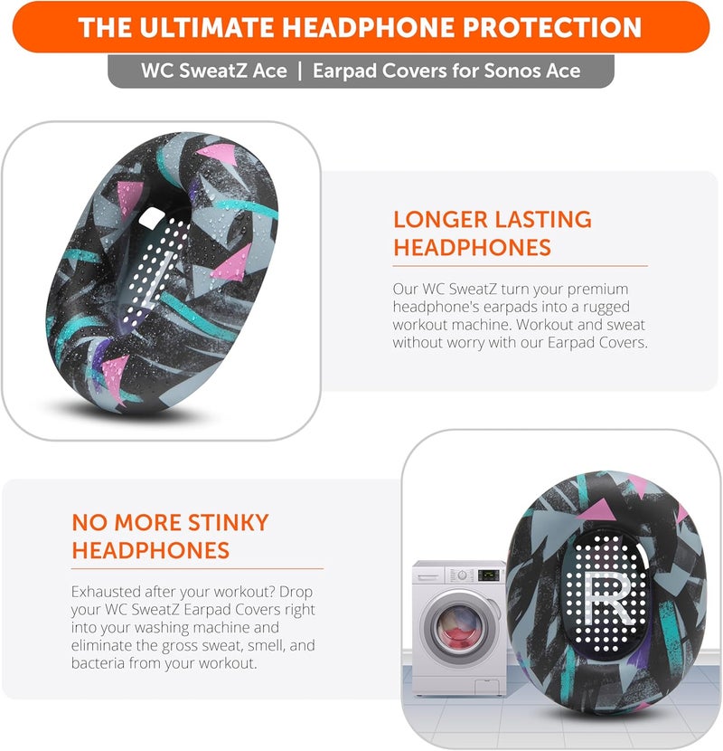 WC SweatZ Ace - Patented Earpad Sweat Covers for Sonos Ace Wireless Noise Cancelling Headphones by Wicked Cushions | Sweatproof & Easily Washable | 90's Black - Image 5
