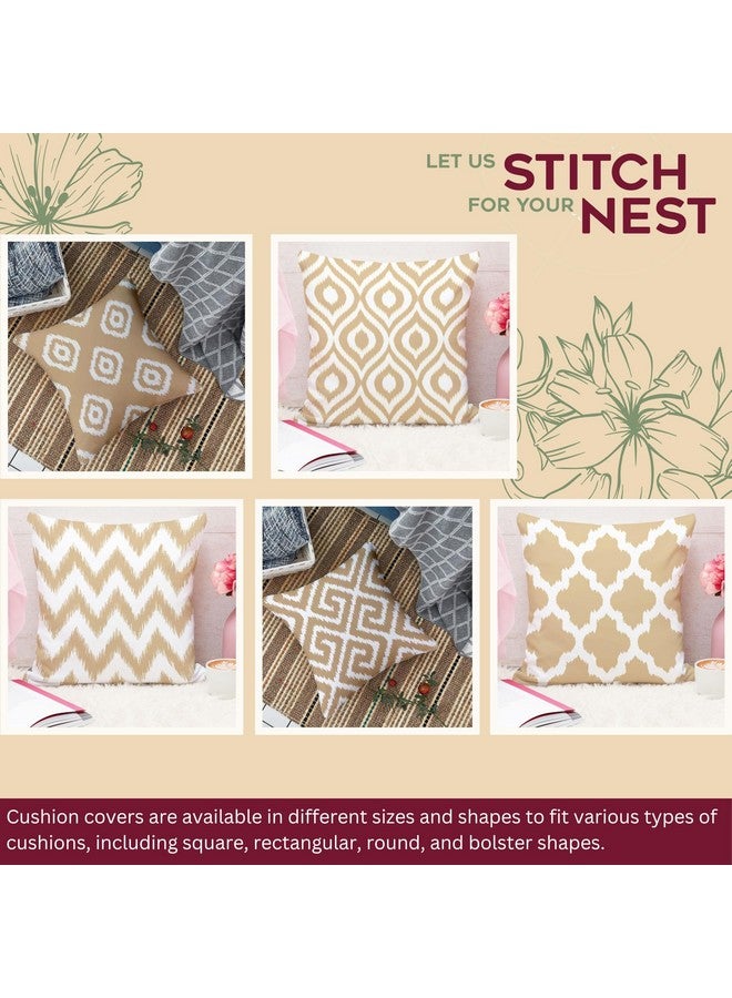 STITCHNEST Beige Geometrical Ikat Ethnic Printed Poly Cotton Cushion Covers, Beige Set of 5 (12 X 12 Inches) - Image 2