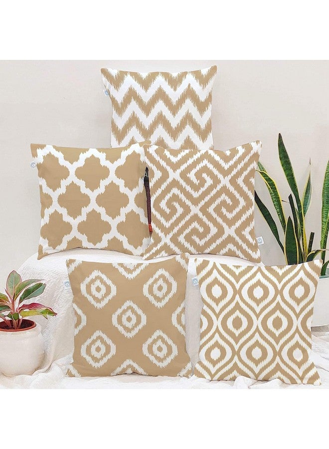 STITCHNEST Beige Geometrical Ikat Ethnic Printed Poly Cotton Cushion Covers, Beige Set of 5 (12 X 12 Inches) - Image 1