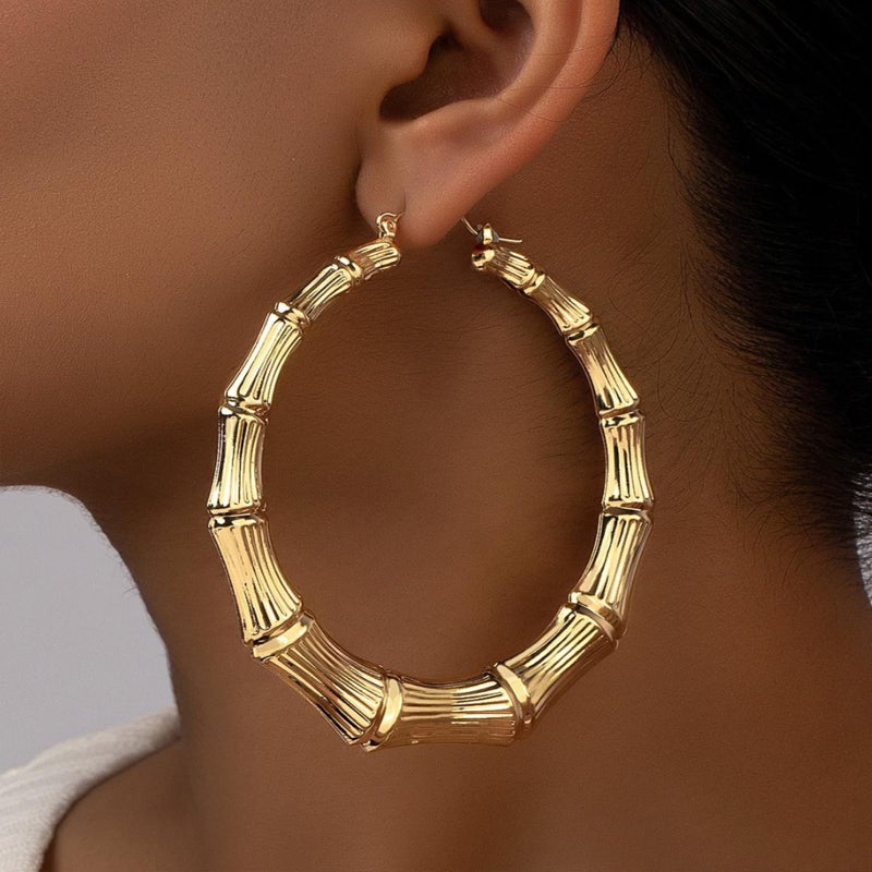 Decixde Large Bamboo Hoop Earrings for Women Hip Hop Chunky Gold Hoop Earrings 80s 90s African Jewelry Gifts Rapper Party Accessories (Gold Bamboo Earrings) - Image 3