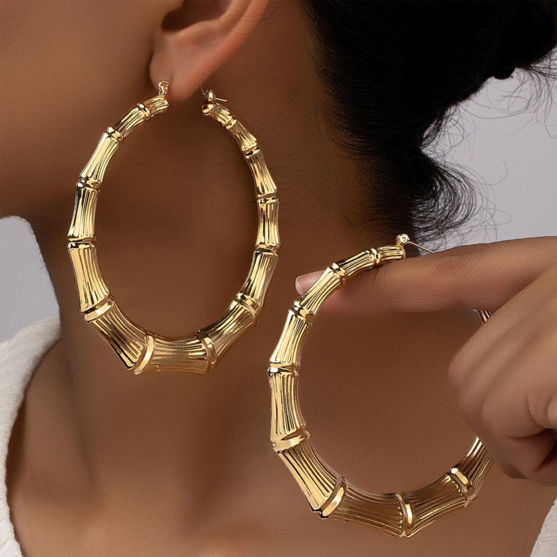 Decixde Large Bamboo Hoop Earrings for Women Hip Hop Chunky Gold Hoop Earrings 80s 90s African Jewelry Gifts Rapper Party Accessories (Gold Bamboo Earrings) - Image 2