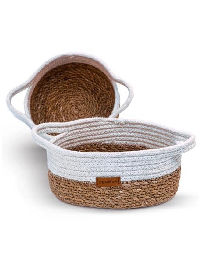 DENOVA Seagrass/Cotton Round basket With handle | Storage basket | Home & Kitchen |18X18X8 CM / 22X22X10 CM |Natural + White Color. - Image 3