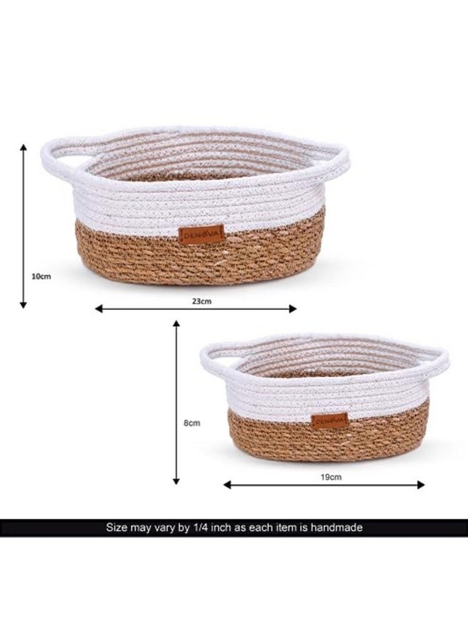 DENOVA Seagrass/Cotton Round basket With handle | Storage basket | Home & Kitchen |18X18X8 CM / 22X22X10 CM |Natural + White Color. - Image 5