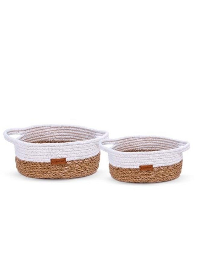 DENOVA Seagrass/Cotton Round basket With handle | Storage basket | Home & Kitchen |18X18X8 CM / 22X22X10 CM |Natural + White Color. - Image 1
