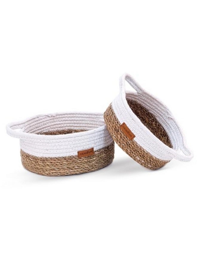 DENOVA Seagrass/Cotton Round basket With handle | Storage basket | Home & Kitchen |18X18X8 CM / 22X22X10 CM |Natural + White Color. - Image 2