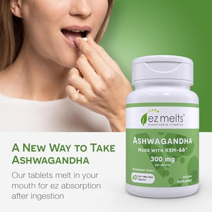 EZ Melts Dissolvable KSM-66 Ashwagandha, 300 mg, Sugar-Free, Stress, Sleep and Mood Support Supplement, 30-Day Supply, Peppermint Chill-Flavor - 1 Pack - Image 3