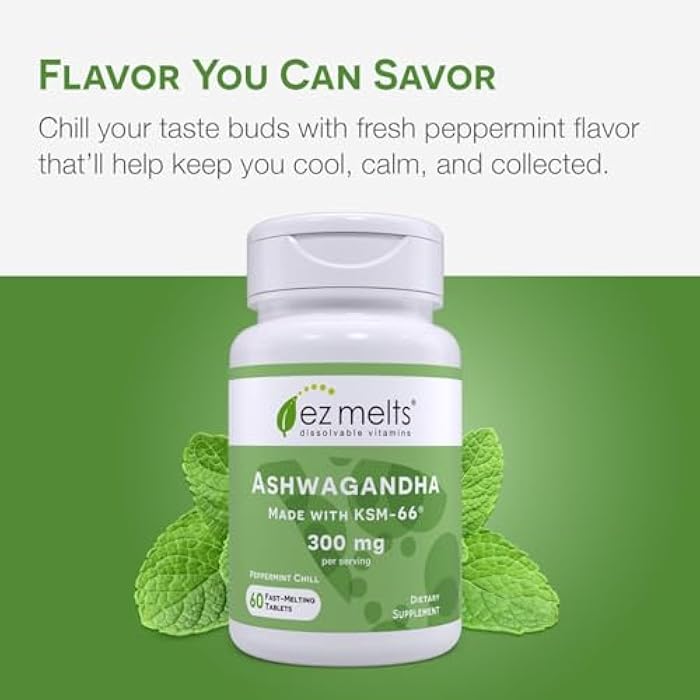 EZ Melts Dissolvable KSM-66 Ashwagandha, 300 mg, Sugar-Free, Stress, Sleep and Mood Support Supplement, 30-Day Supply, Peppermint Chill-Flavor - 1 Pack - Image 5