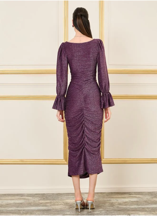 Styli Glitter Ruched Detail Bodycon Midi Dress