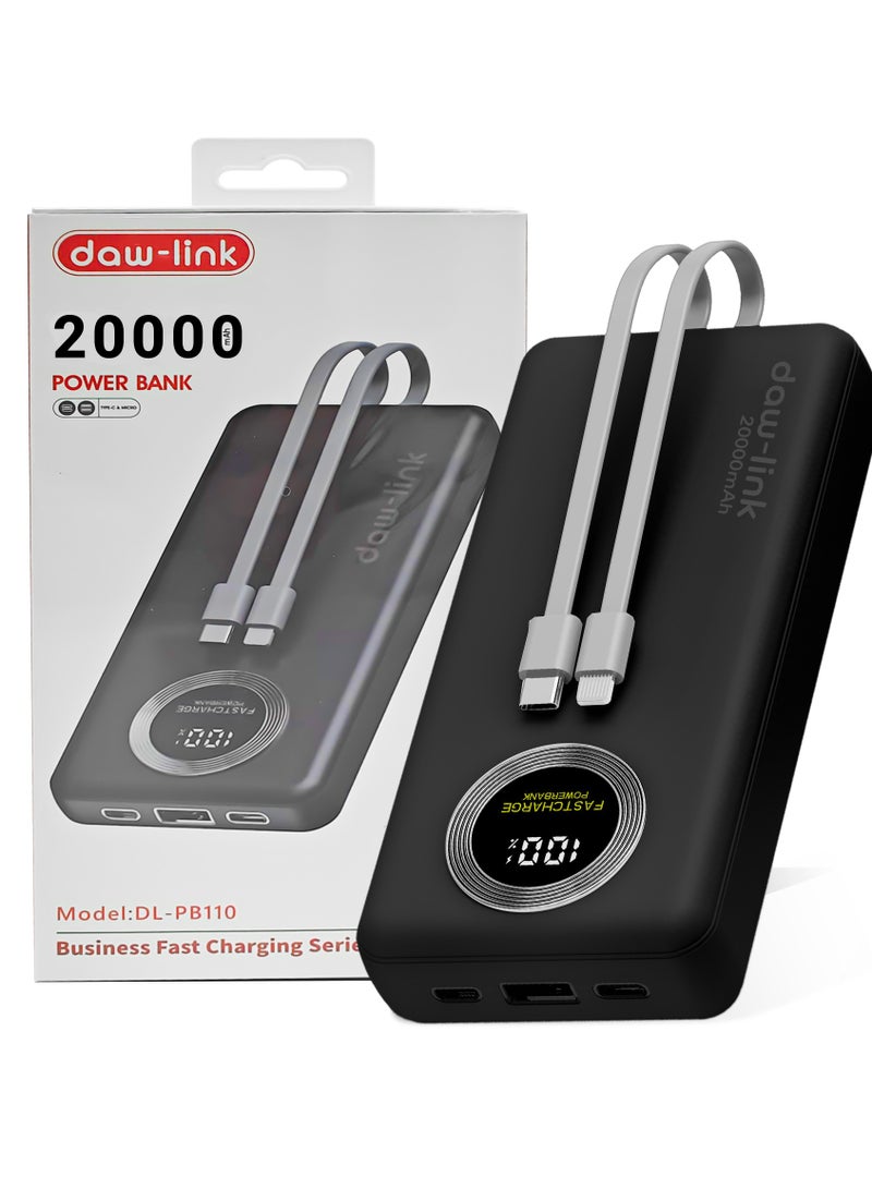 دولنك باور بانك داو-لينك 20000 مللي أمبير – شحن سريع 22.5 واط، كابلات USB-C وLightning مدمجة، منفذ A ومنفذ USB-C للإدخال والإخراج، شاشة عرض رقمية، يدعم PD وQC 3.0، لون رمادي داكن، شاحن محمول نحيف لأجهزة الآيفون والأندرويد - Image 1