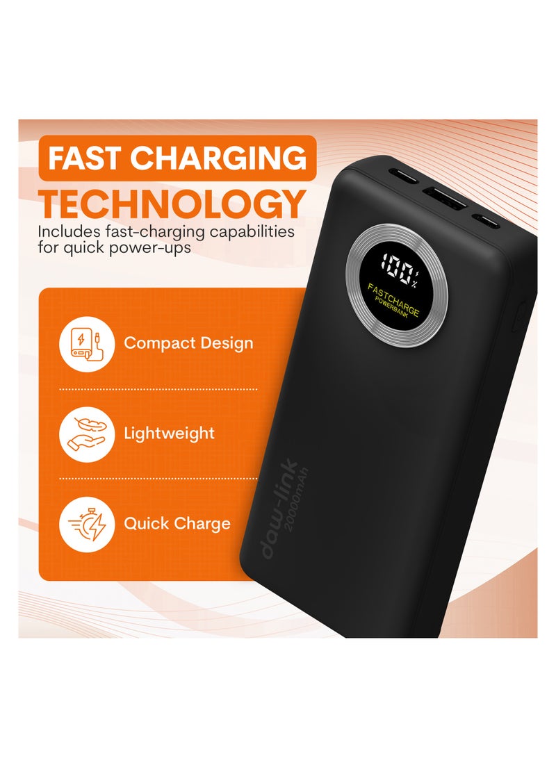 دولنك باور بانك داو-لينك 20000 مللي أمبير – شحن سريع 22.5 واط، كابلات USB-C وLightning مدمجة، منفذ A ومنفذ USB-C للإدخال والإخراج، شاشة عرض رقمية، يدعم PD وQC 3.0، لون رمادي داكن، شاحن محمول نحيف لأجهزة الآيفون والأندرويد - Image 2