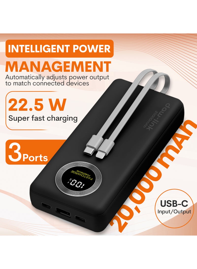 دولنك باور بانك داو-لينك 20000 مللي أمبير – شحن سريع 22.5 واط، كابلات USB-C وLightning مدمجة، منفذ A ومنفذ USB-C للإدخال والإخراج، شاشة عرض رقمية، يدعم PD وQC 3.0، لون رمادي داكن، شاحن محمول نحيف لأجهزة الآيفون والأندرويد - Image 3