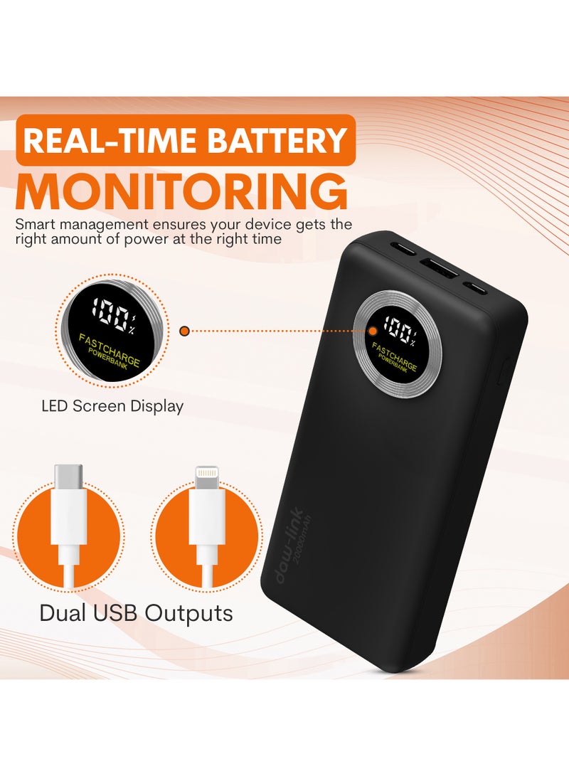 دولنك باور بانك داو-لينك 20000 مللي أمبير – شحن سريع 22.5 واط، كابلات USB-C وLightning مدمجة، منفذ A ومنفذ USB-C للإدخال والإخراج، شاشة عرض رقمية، يدعم PD وQC 3.0، لون رمادي داكن، شاحن محمول نحيف لأجهزة الآيفون والأندرويد - Image 5