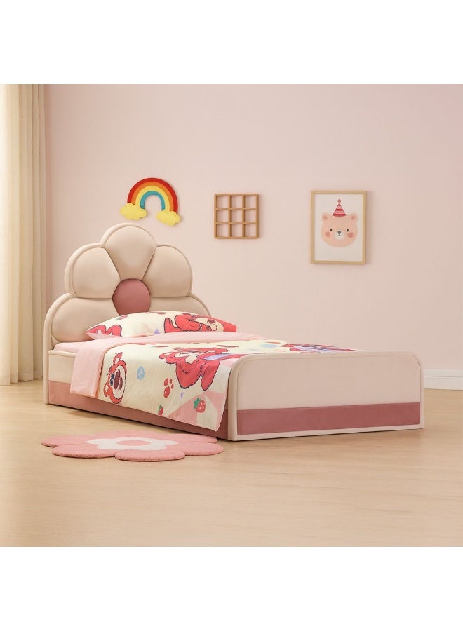 DANUBE HOME سرير أطفال مبطن ليليانا زهرة 90X200 - سرير فردي ساحر مع رأس سرير مبطن ناعم لغرفة الفتيات - بيج ووردية - Image 1