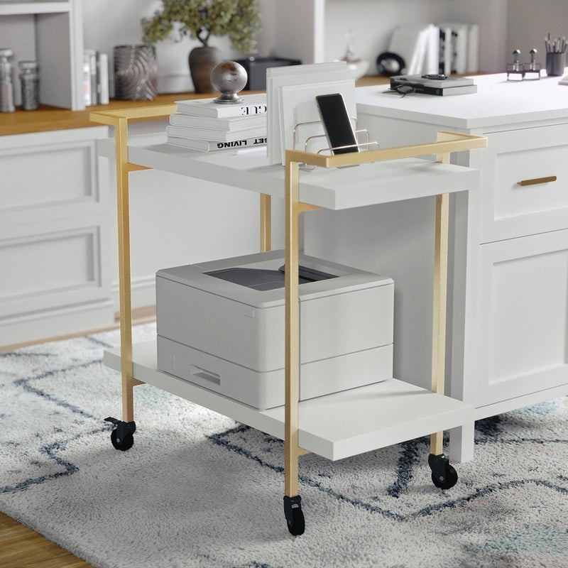 Martha stewart Martha Stewart Liam 2Tier Mobile Office Storage and Printer Cart in White with Polished Brass Frame 