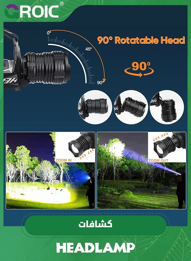 GROIC LED Headlamp Rechargeable, Upgraded 30W Super Bright Head Lamp100000 High Lumen with 6 Modes, Zoomable, IPX6 Waterproof Headlamps for Outdoor Hiking, Camping, Running, Fishing, Hunting - Image 3