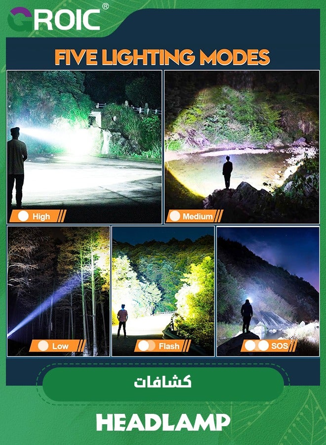 GROIC LED Headlamp Rechargeable, Upgraded 30W Super Bright Head Lamp100000 High Lumen with 6 Modes, Zoomable, IPX6 Waterproof Headlamps for Outdoor Hiking, Camping, Running, Fishing, Hunting - Image 4