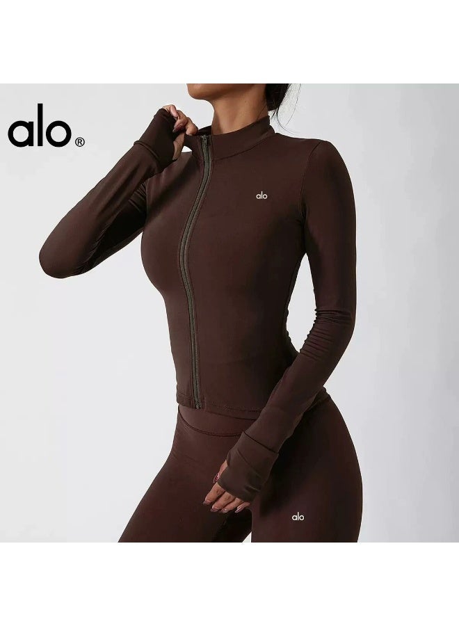 Alo Yoga Brown Full Zip Long Sleeve Yoga Jacket for Women - Slim Fit High Elastic Gym Workout Activewear with Thumb Holes - Image 1