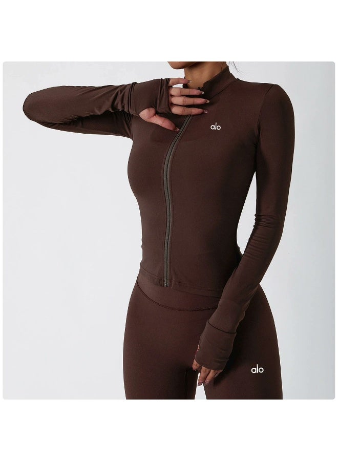 Alo Yoga Brown Full Zip Long Sleeve Yoga Jacket for Women - Slim Fit High Elastic Gym Workout Activewear with Thumb Holes - Image 2
