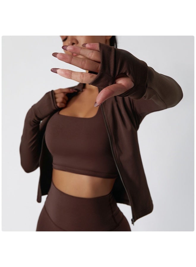 Alo Yoga Brown Full Zip Long Sleeve Yoga Jacket for Women - Slim Fit High Elastic Gym Workout Activewear with Thumb Holes - Image 3
