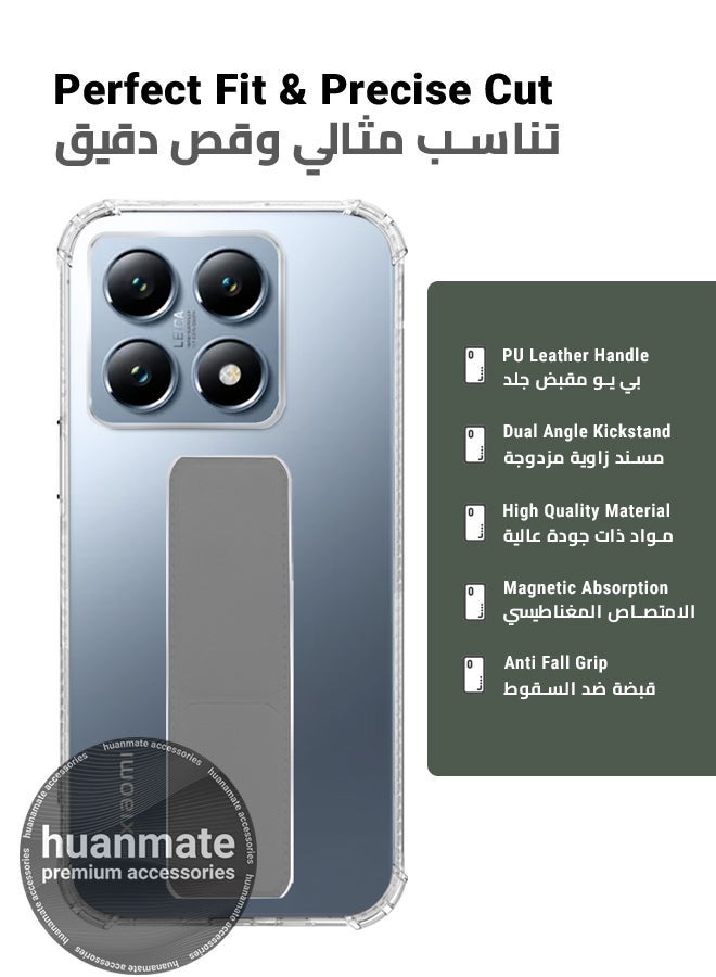huanmate Xiaomi 14T Pro Magnetic Case With Hand Grip Holder & Kickstand - Strong Grip for Magnetic Car Holder, Stylish & Functional, Ultimate Convenience & Hands-Free Viewing - Clear/Grey - Image 2