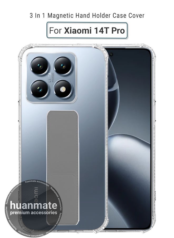 huanmate Xiaomi 14T Pro Magnetic Case With Hand Grip Holder & Kickstand - Strong Grip for Magnetic Car Holder, Stylish & Functional, Ultimate Convenience & Hands-Free Viewing - Clear/Grey - Image 1