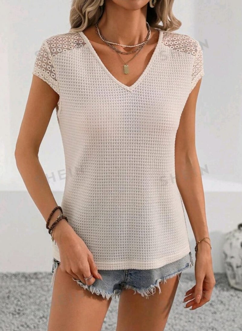 SHEIN LUNE Women's Patchwork Lace Dolman Short Sleeve Shirt  - Image 1