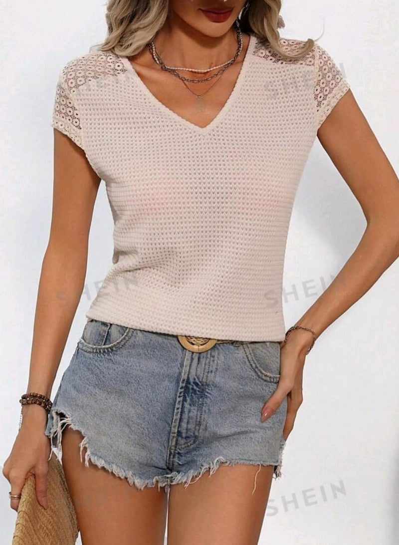 SHEIN LUNE Women's Patchwork Lace Dolman Short Sleeve Shirt  - Image 4