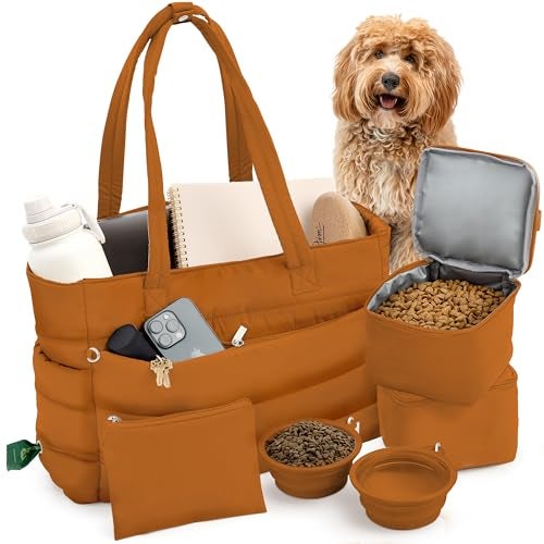 rubyloo Puffer Dog Travel Bag for Dog Moms Doggy Diaper Bag with Pet Bowls Food Storage or Everyday Puffy Tote Doggy Mom Gifts for Women Lightweight TravelReady Gift for Pet Lovers Rust - Image 1