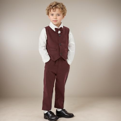 Volunboy Infant Gentleman Suit 9-12 Months Toddler Red Formal Wedding Outfit Baby Boy 3 Piece Long Sleeve Vest Shirt and Pants Set (WineRed, 9-12 Months) - Image 2